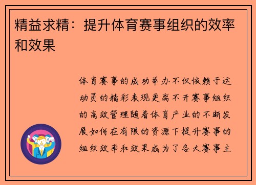 精益求精：提升体育赛事组织的效率和效果